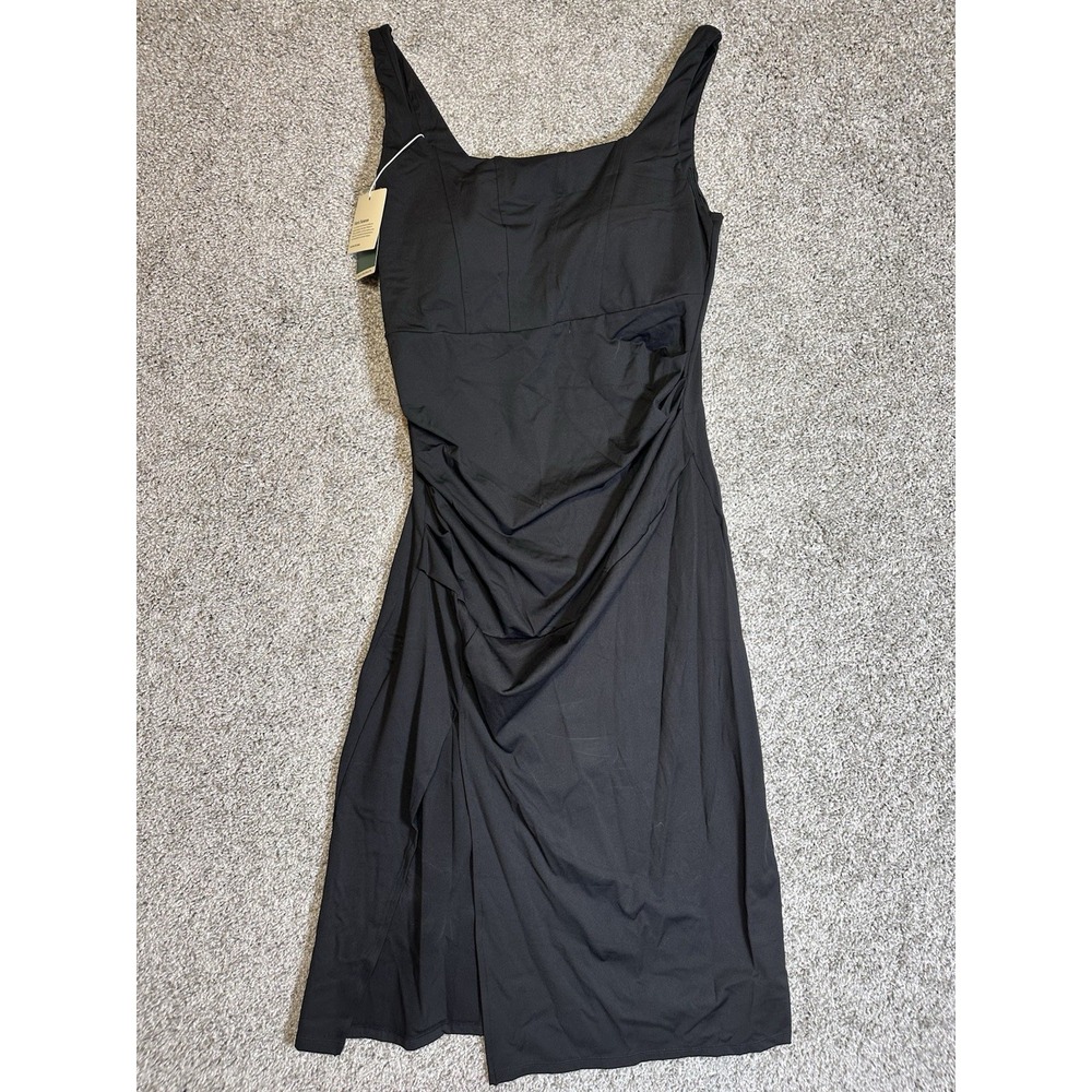 Halara Ruched Bodycon Midi Dress Black Built In Bra Sleeveless Size Large NWT - Picture 2 of 7